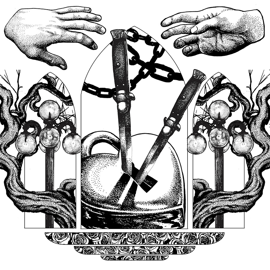 A text-free single cover featuring a black and white illustration, on a white background. The composition is symmetrical. On either side, at the top, there is a hand reaching inwards; in the centre, there is an arch-shaped frame with a heart-shaped padlock. Two switchblades are picking the lock. On either side of the padlock, there are smaller arch-shaped frames with streetlights inside of them, and gnarly branches growing out of them, towards the edges of the composition.