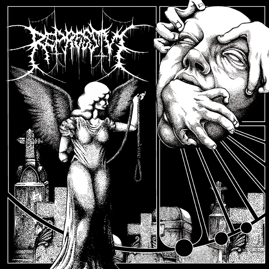 A black and white album cover on a black background. In the top left, there is a death metal band logo that reads 'Repressive,' but it's deliberately illegible. At the bottom, there are gravestones in the background, with an angel statue protruding in the foreground. The angel stands with one arm broken off, and holds a length of rope like an offering to the viewer. In the top right corner, there is a human head with hands growing out of it, wrapping around its face.