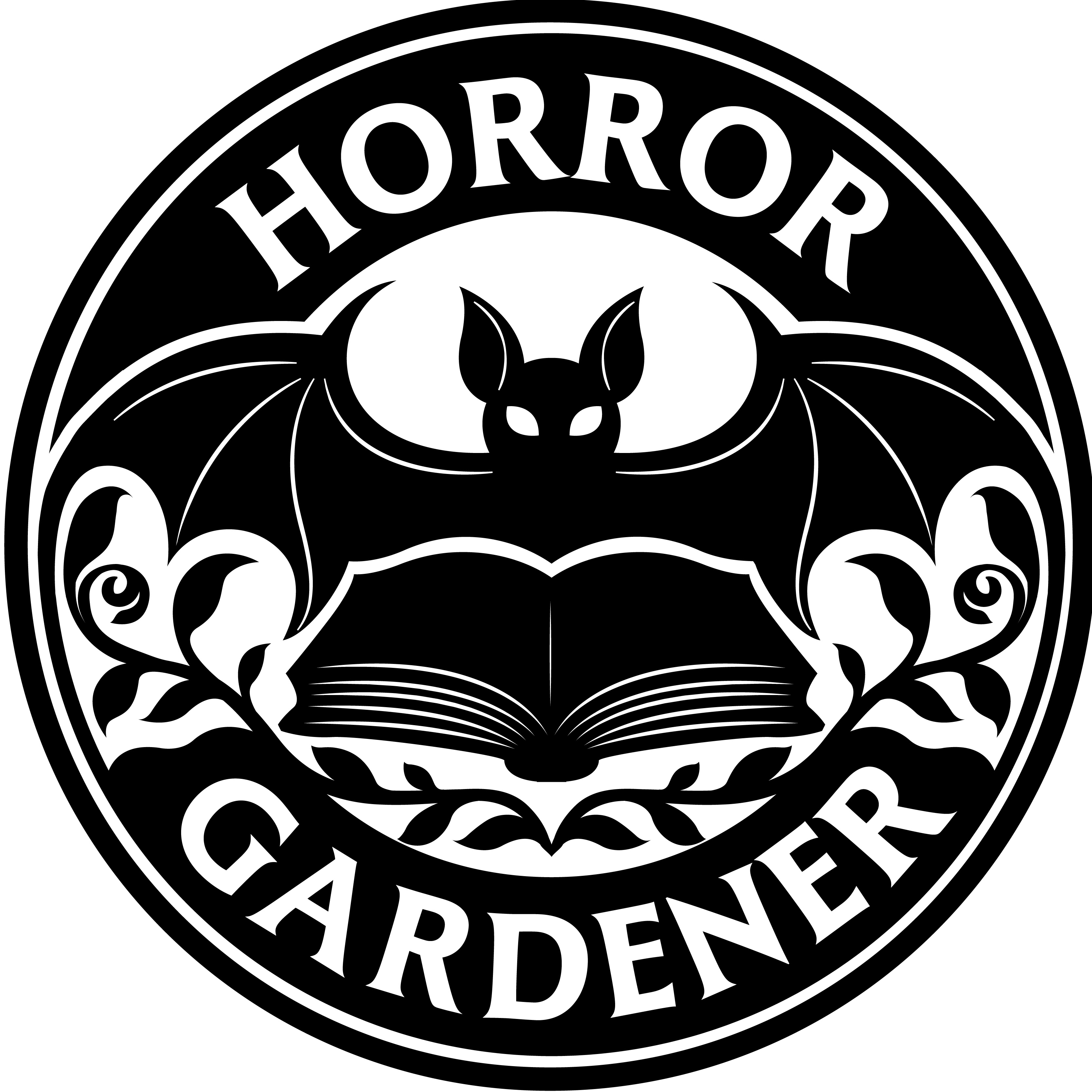 A black and white, round badge-style logo with a bat (the flying critter–not sports equiptment), a book, and some floral ornamentation. The text around the top and bottom curves of the round logo read 'Horror' and 'Gardener.'