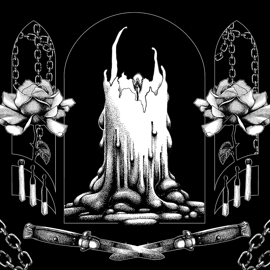 A text-free single cover featuring a black and white illustration, on a black background, of a candle, ornamented by roses, matchsticks and switchblades. It is a symmetrical design, mirrored vertically, with arch-shaped frames on either side of the candle showing chains hanging in the background.