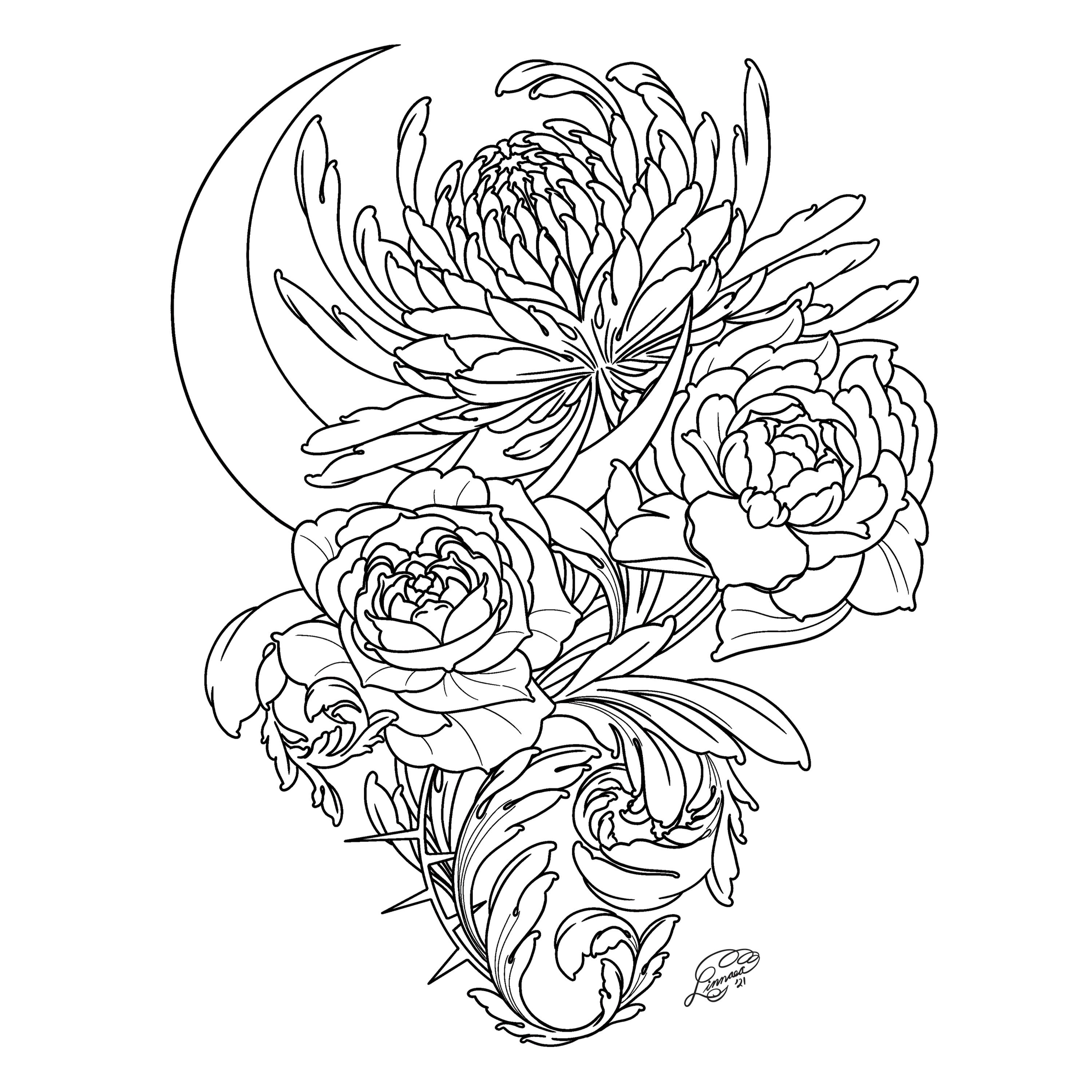 A black and white linework illustration of a chrysanthemum and crescent moon.
