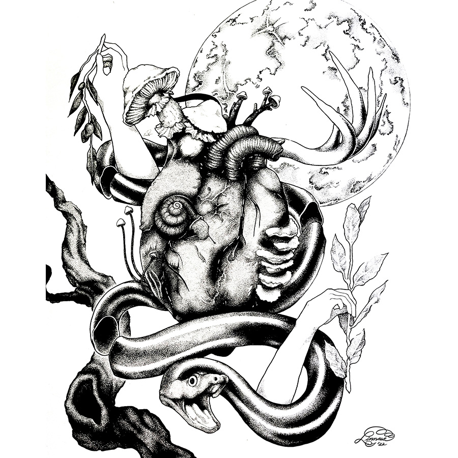 A black and white, photorealistic illustration of an anatomically correct heart. There is a full moon in the background, a snake wrapping around the heart, and a branch growing through the frame. Miscellaneous fungi and human arms holding olive branches are sprouting from the heart.