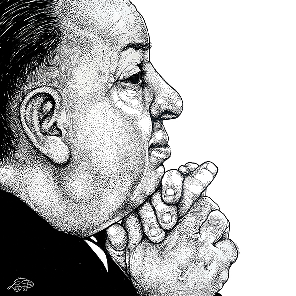A black and white illustration of Alfred Hitchcock, the late film legend, in profile.