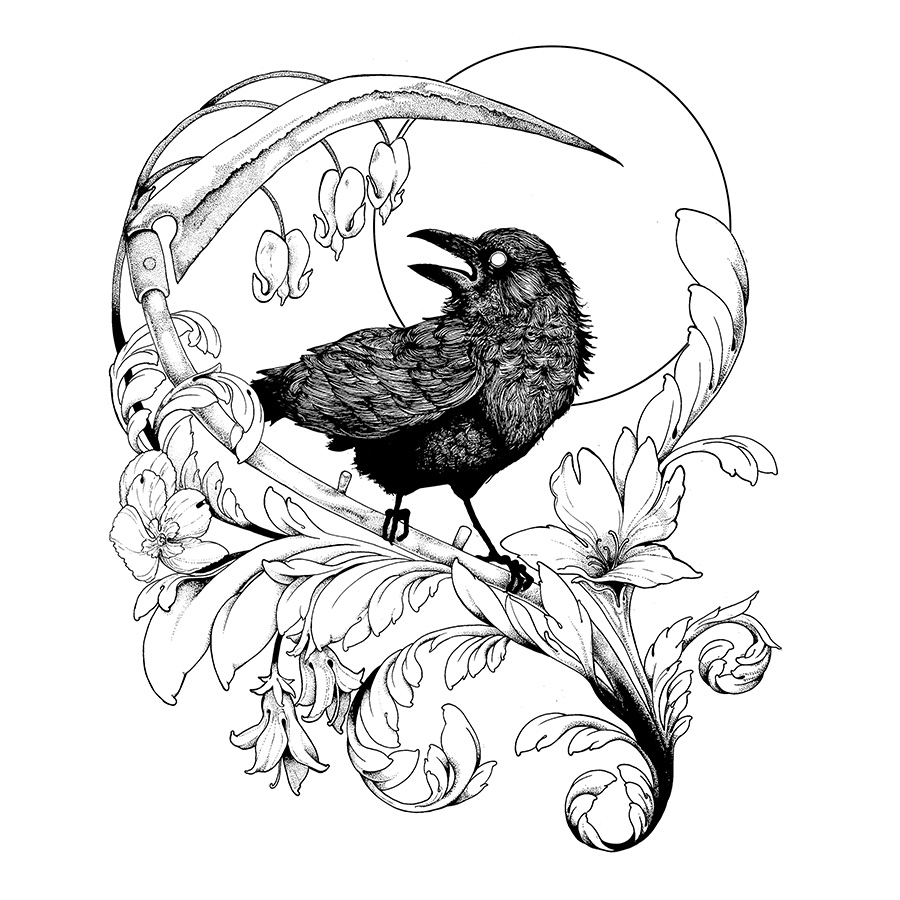 A black and white illustration of a raven perched on a scythe, surrounded by blooming flowers.