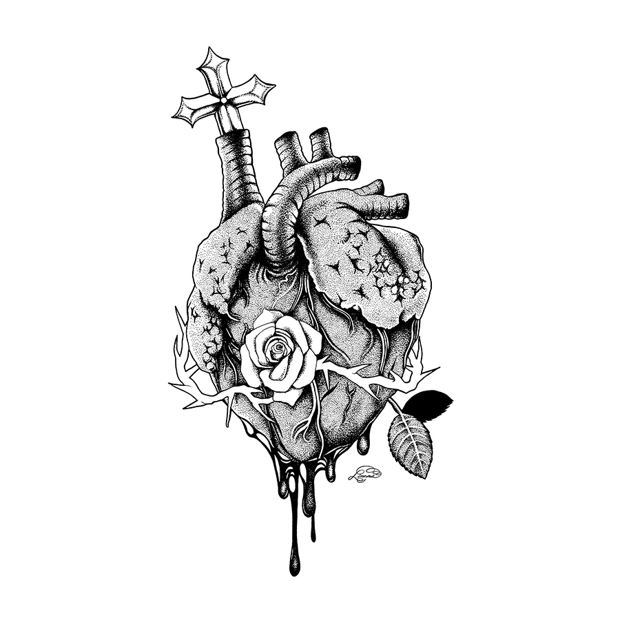 A black and white illustration of the classic sacred heart motif. The heart is anatomically correct, pricked by thorns, and wrapped in roses.