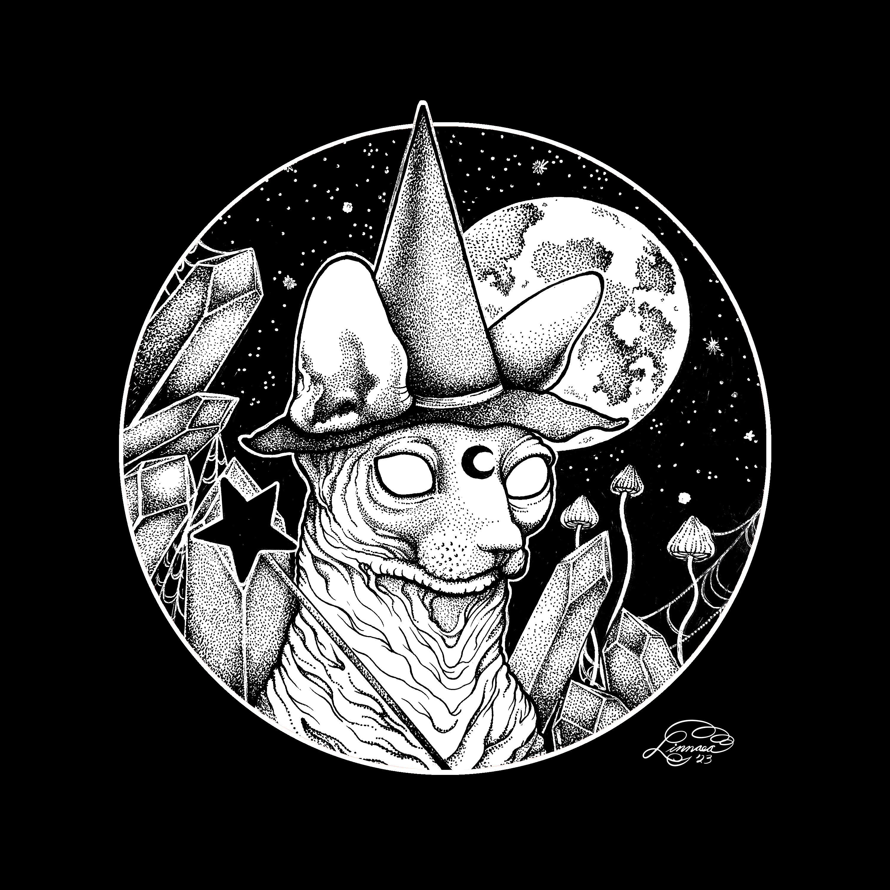 A black and white, photorealistic illustration of an anatomically correct heart. There is a full moon in the background, a snake wrapping around the heart, and a branch growing through the frame. Miscellaneous fungi and human arms holding olive branches are sprouting from the heart.