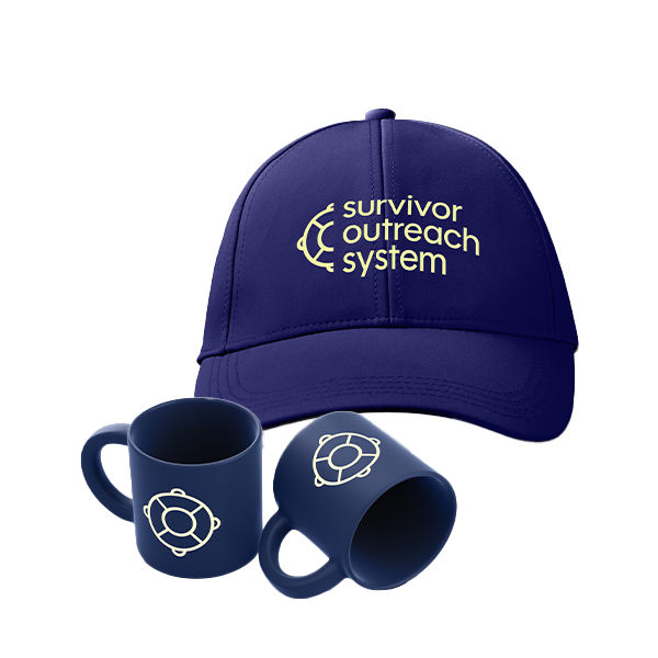 A white background with a blue/purple baseball cap and two blue-purple coffee mugs. The images are close-cut. Both mugs and the hat have a minimalistic logo that looks like a stylized safety floaty.