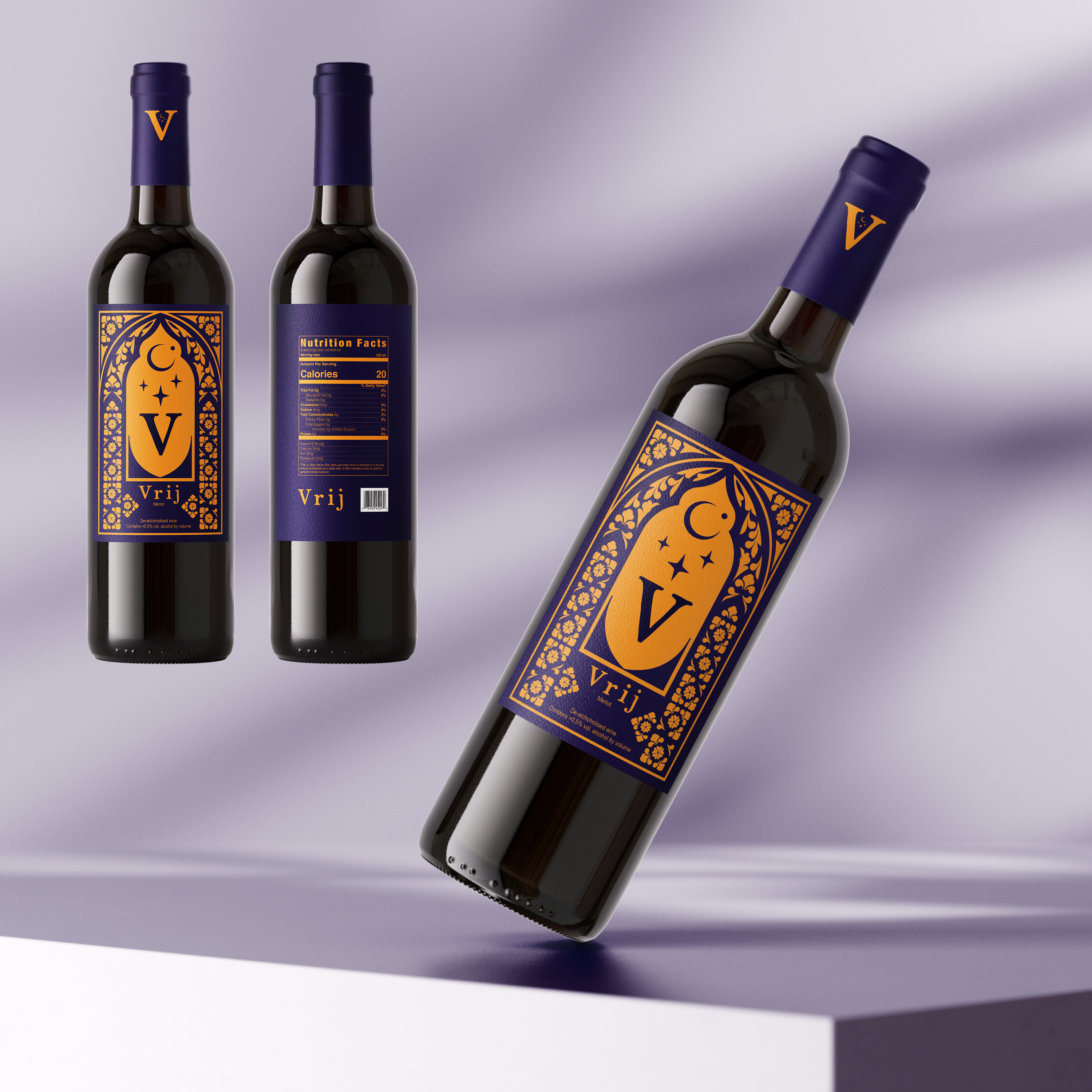 A digital mockup of a wine bottle on a table, with two close-cute images in the top left corner of the picture, showing the front and back labels of the bottle. The label is a dark purple-indigo colour, with a golden-yellow, arch-shaped ornate border framing a large serif 'V' lettermark. The label around the neck of the bottle is the same purple-indigo colour with the same golden 'V' lettermark.