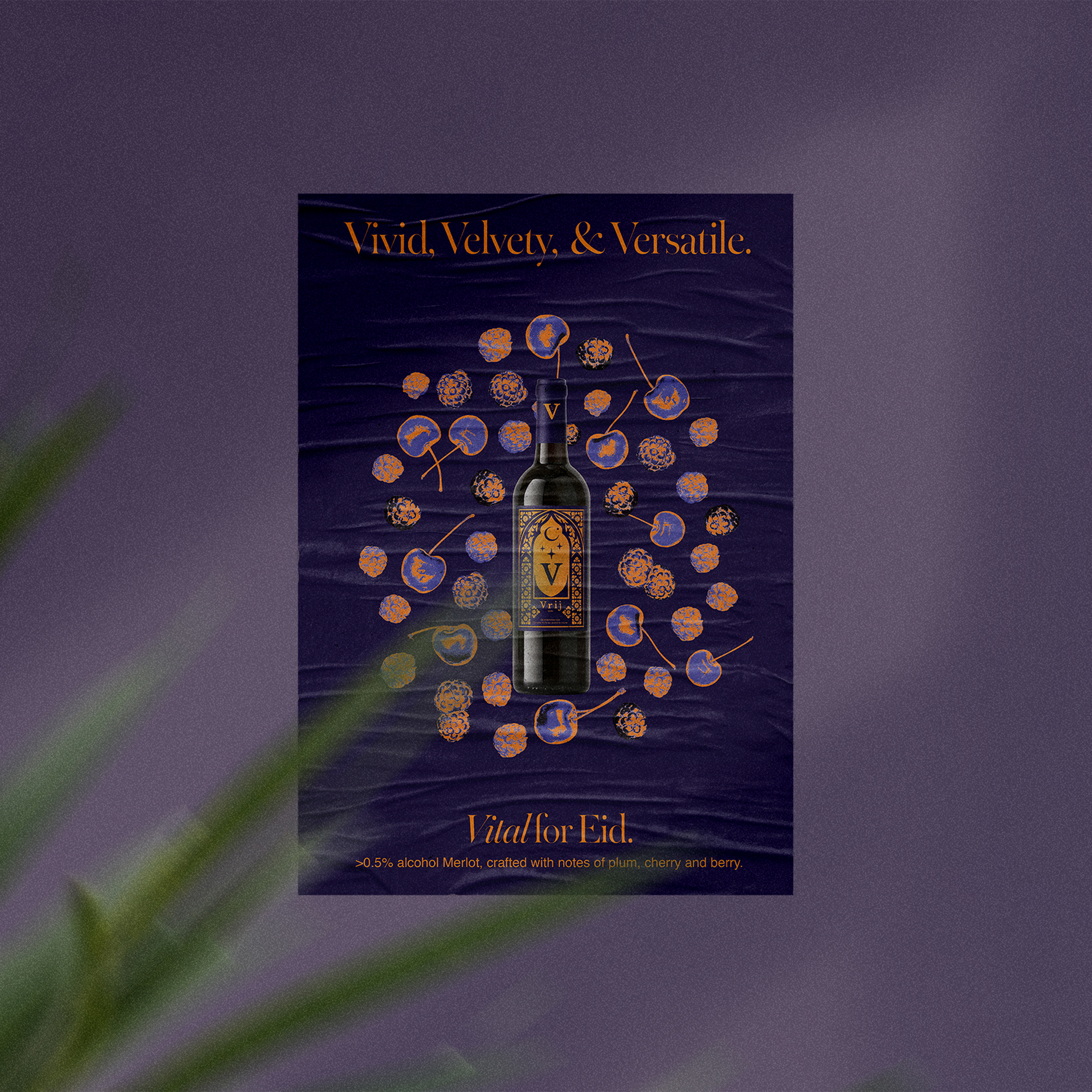 A digital mockup of a wine bottle on a table, with two close-cute images in the top left corner of the picture, showing the front and back labels of the bottle. The label is a dark purple-indigo colour, with a golden-yellow, arch-shaped ornate border framing a large serif 'V' lettermark. The label around the neck of the bottle is the same purple-indigo colour with the same golden 'V' lettermark.