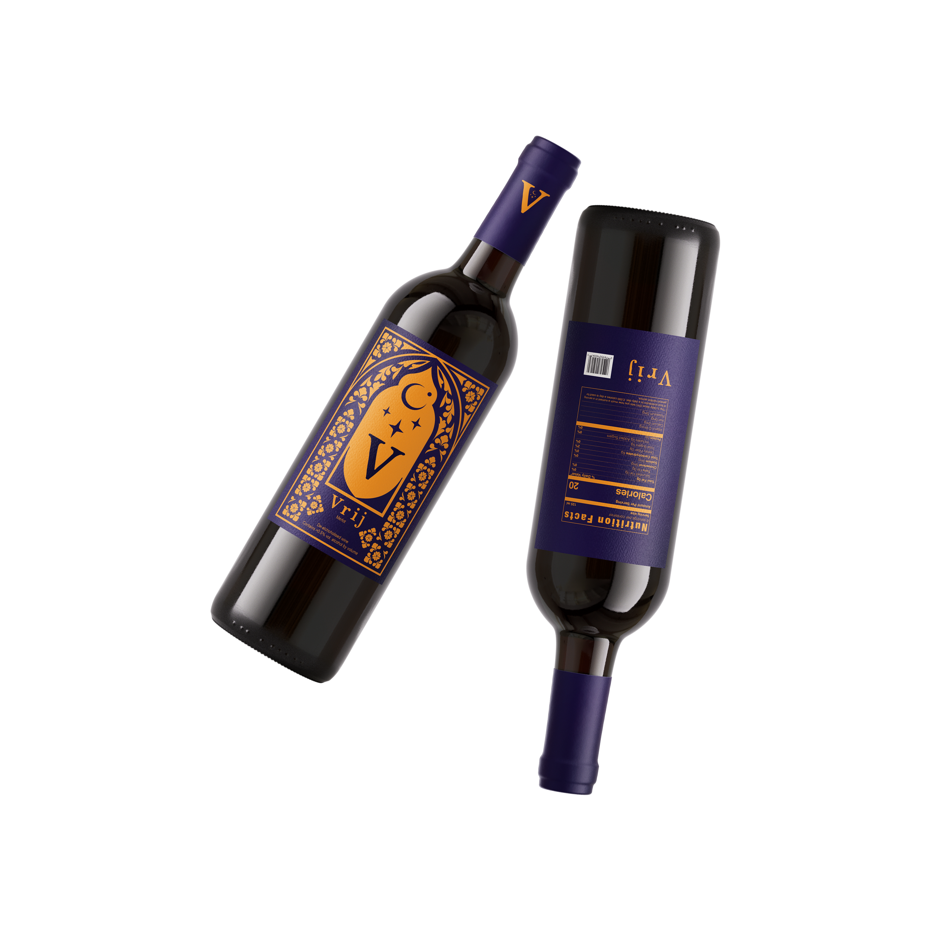A digital mockup of a wine bottle on a table, with two close-cute images in the top left corner of the picture, showing the front and back labels of the bottle. The label is a dark purple-indigo colour, with a golden-yellow, arch-shaped ornate border framing a large serif 'V' lettermark. The label around the neck of the bottle is the same purple-indigo colour with the same golden 'V' lettermark.